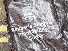 A bin bag designed to resist vermin. United Kingdom Seagull proof.jpg