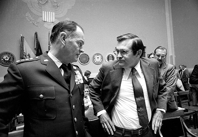 JCS chairman General George S. Brown with Secretary of Defense Donald Rumsfeld during testimony before the Senate Armed Services Committee on January 