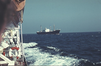 The German cargo ship Helga Howaldt to starboard of us (Note the two flags at the top of the ship)