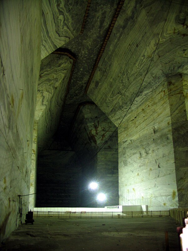 Inside Salina Veche, in Slănic, Prahova, Romania. The railing (lower middle) gives the viewer an idea of scale.