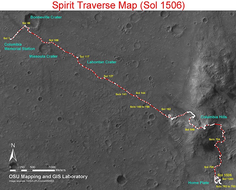 Trajet de Spirit depuis son site d'atterrissage jusqu'à Home Plate, qu'il va explorer pendant plus de trois ans, de février 2006 à mai 2009, avant de s'enliser dans les dunes avoisinantes.