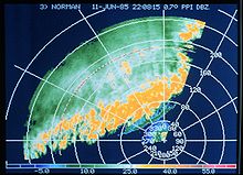 Thunderstorm line viewed in reflectivity (dBZ) on a plan position indicator radar display Sturmfront auf Doppler-Radar-Schirm.jpg