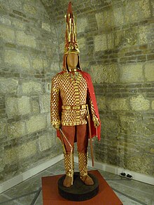 The "Armor of the Golden Man", a reconstructed suit of Scythian armor dating to the 3rd-4th Century BCE Sun emperor.JPG