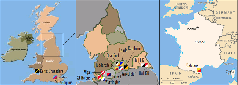 The locations of the teams that will contest Super League XIV. Super League Teams 2009.png