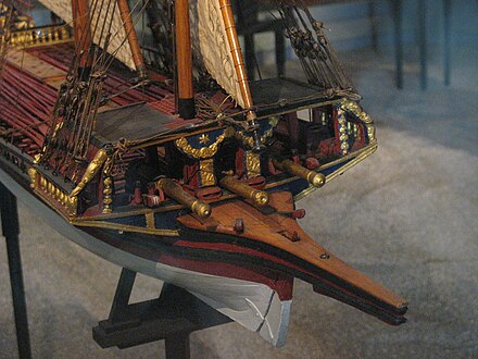 The ubiquitous bow fighting platform (rambade) of early modern galleys. This model is of a 1715 Swedish galley, somewhat smaller than the standard Mediterranean war galley, but still based on the same design.