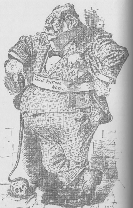 An 1896 cartoon by Homer Davenport depicting McKinley as being firmly in Hanna's pocket.