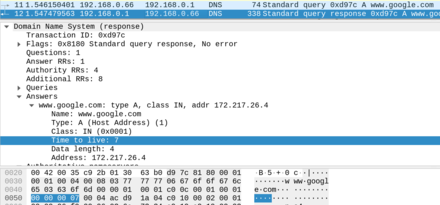 TTL of a DNS answer resolving google.com, seen in Wireshark
