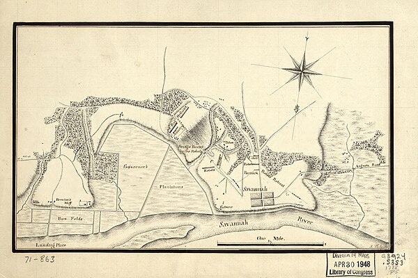 Taking of Savannah in December 1778 by Rene Phelipeau. Oriented with north to the bottom. From the Library of Congress