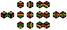 16 tiles from the game Tantrix, corresponding to the 16 necklaces with 2 red, 2 yellow and 2 green beads. Tantrix tiles ryg.svg