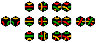 The 16 possible tiles (necklaces) with the colours red, yellow and green - on the right the triple intersections, which were taken out of the game Tantrix tiles ryg.svg