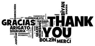 Word cloud showing the phrase "thank you" in many languages