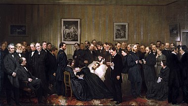 The Last Hours of Abraham Lincoln, designed by John B. Bachelder and painted by Alonzo Chappel (1868), depicting together those who visited the dying president throughout the night and early morning of April 14-15, 1865 The Last Hours of Abraham Lincoln by Alonzo Chappel, 1868.jpg