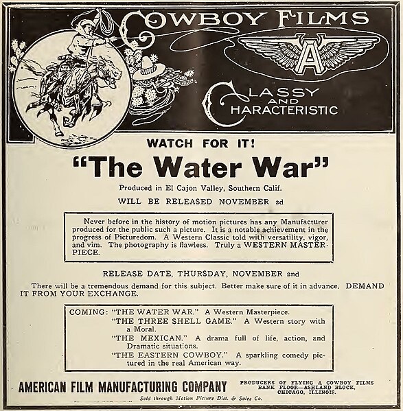 File:The Water War, Flying A Cowboy Films, American Film Manufacturing Company ad in Moving Picture News (1911) (IA movingpicturenew04unse) (page 1169 crop).jpg