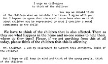 Typewritten pleas by five congressmen to "think of the children", in different fonts and pitch sizes