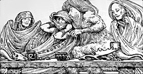 La fête de mariage de Thrym avec Thor déguisé en Freyja (illustration de W. G. Collingwood, 1908)