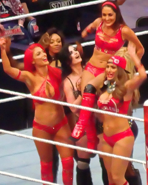 Marie (far left) celebrating with her fellow Total Divas co-stars, their victory at WrestleMania 32 in April 2016