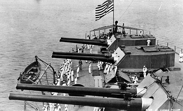 The three aft 12 inch gun turrets on USS Delaware