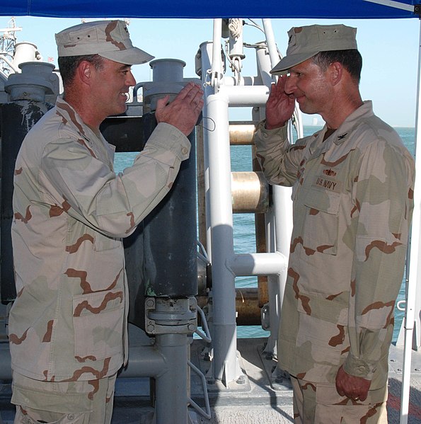 File:US Navy 080605-N-3251H-001 Capt. Karl Van Deusen, right, assumes command as Commander, Destroyer Squadron (DESRON) 50 from Capt. Paul Severs during a change of command ceremony aboard he mine countermeasures ship USS Dextrous (.jpg