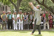 Hula in Hawai`i. Here, hula is performed by Kumu Hula Frank Kawaikapuokalani Hewett for a ceremony turning over U.S. Navy control over the island of Kaho`olawe to the state. US Navy hula 031112-N-3228G-001.jpg