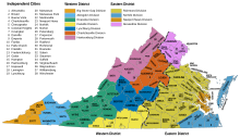 Map of the United States District Courts in Virginia, showing the boundaries of the Eastern and Western Districts, and their divisions. US federal courts in Virginia.svg