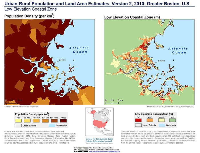 Population density and elevation above sea level in Greater Boston (2010). Weymouth is especially vulnerable to sea level rise.