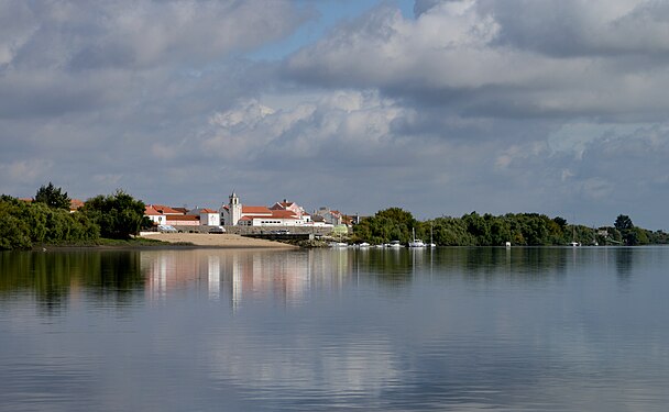 Reflections of the village of Valada. Tagus River, Portugal