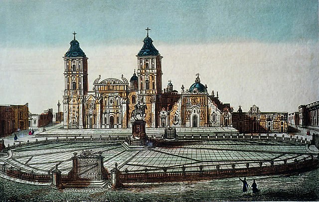 Lithograph of Mexico City's Zócalo, c. 1800. The square is officially known as the Plaza de la Constitución. Named during the tail-end of the colonial