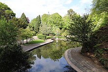 The lake and fountain from the bridge over the lake Williamson Park lake from bridge.JPG