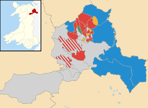 2012 election results map, showing party affiliations of successful councillors (stripes indicate mixed representation) Wrexham County Borough Council 2012 Election results map.png