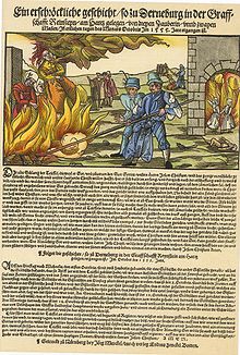 Hexenverbrennung in Derenburg am Harz; Popular print from Nurnberg, by Jorg Merckel, 1555 Zeitung Derenburg 1555.JPG