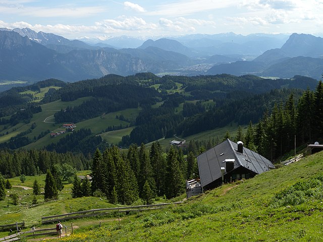 The Bavarian Alps (foreground) and Tyrol in Austria (background), including the Inn valley (center), Kaisergebirge (left), Pendling (right), and the s