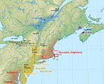 Politieke situasie van Noord-Amerika in 1664, met Nieu-Engeland, Nieu-Frankryk en Nieu-Nederland asook Irokese