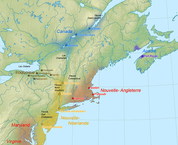 Situation politique du nord-est de l'Amérique du Nord en 1664.