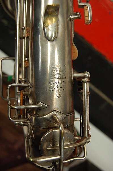 A 1915 Buescher Truetone alto saxophone marked 'High Pitch' (A=456 Hertz)