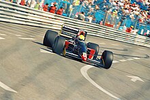 Andrea Chiesa driving the GR01 during the Thursday practice session for the 1992 Monaco Grand Prix. 1992 Andrea Chiesa Fondmetal.jpg