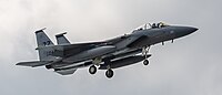 A US Air Force F-15D Eagle, tail number 83-0047, on final approach at Kadena Air Base in Okinawa, Japan.