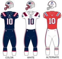The primary uniforms worn by the Patriots in the post-dynasty era from 2020-present, with the red throwback returning for use starting in the 2022 season, due to the NFL reverting their helmet policies. It is the same version as the 2012 dynasty-era alternate. 2022Patriotsuniforms.png