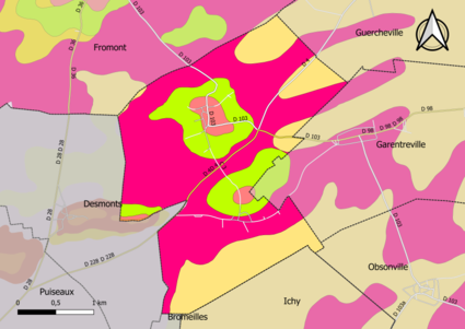 Carte montrant en couleurs le zonage géologique simplifié d'une commune