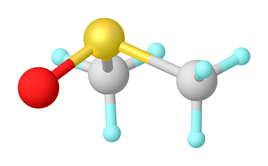 Structure of DMSO (red = O, yellow = S) as determined by X-ray crystallography of PdBr2(bipy)·DMSO.[2]