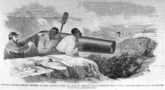 Een illustratie uit 1862 van een Zuidelijke officier die slaven dwingt om een kanon af te vuren op Noordelijke eenheden.[78][79]
