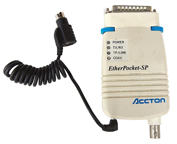 Accton Etherpocket-SP parallel port Ethernet adapter (c. 1990). Supports both coaxial (10BASE2) and twisted pair (10BASE-T) cables. Power is drawn fro