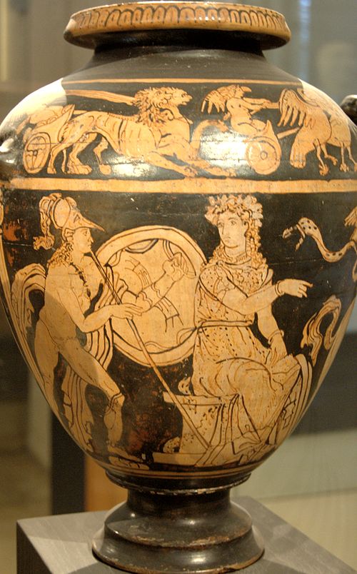 Athena directing Achilles to attack Troilus. A feature of the tale not available from written sources. Detail of an Etruscan red-figure stamnos (from 