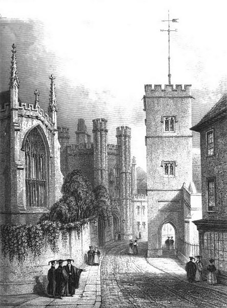 All Saints in the Jewry in 1841 opposite Trinity's chapel (far left) and St John's College gatehouse