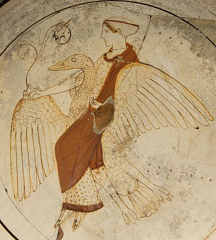 Aphrodite riding a goose, white-ground bowl, circa 480 BC. Found at Kameiros (Rhodes), now British Museum. Aphrodite swan BM D2.jpg