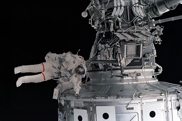 Williams outside Unity during the mission's sole EVA