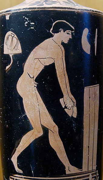 A long-jumper holding halteres, Attic red-figure lekythos c. 470 to 460 BC