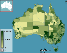 Proportion of adult population employed in the electricity, gas, water, and waste services industries by statistical local area, as of the 2011 census Australian Census 2011 demographic map - Australia by SLA - BCP field 7364 Electricity gas water and waste services Total.svg