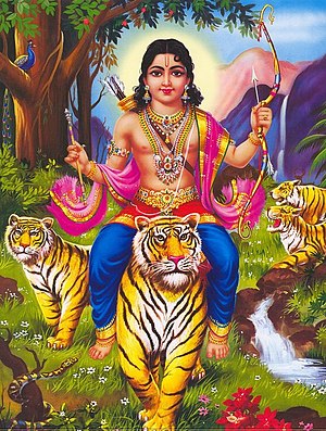 A painting of Ayyapppan seated on a tiger with a herd of tigers behind him.