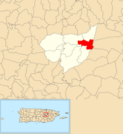 Местоположението на Bairoa в община Aguas Buenas е показано в червено
