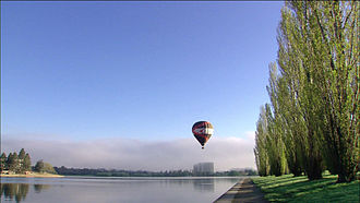 Lake Burley Griffin. Royal Canberra Hospital site to left. Balloon over LBG2.jpg